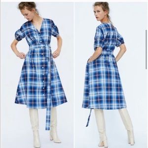 Zara | Taffeta Plaid Midi Button Down Dress XXL